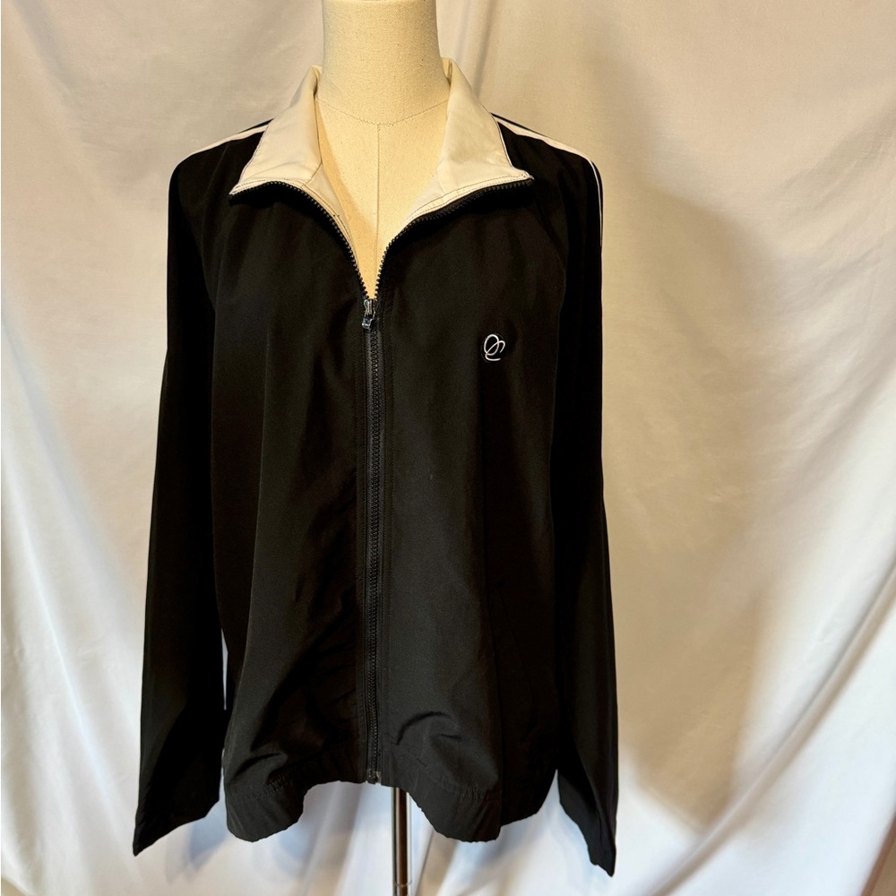 (L) Oleg Cassini Black and White Bomber Jacket with Stand-Up Collar